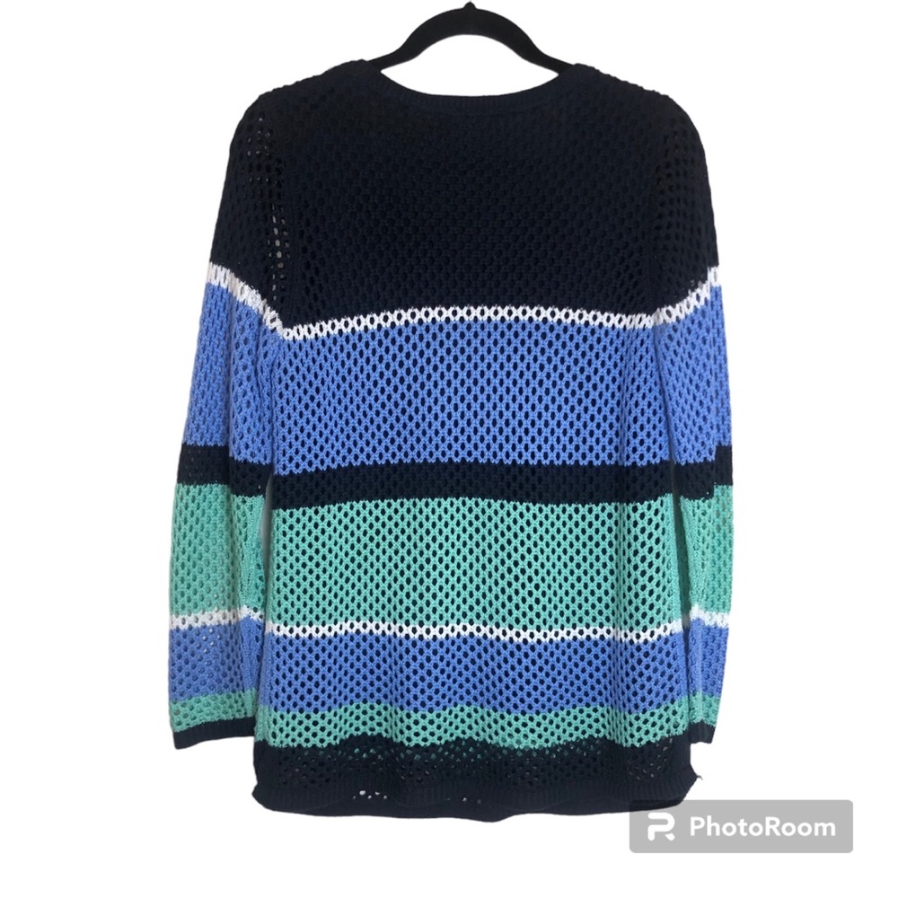 Croft & Barrow Open Knit Sweater Womens Medium Stripes Crochet Lined V Neck - Picture 2 of 11